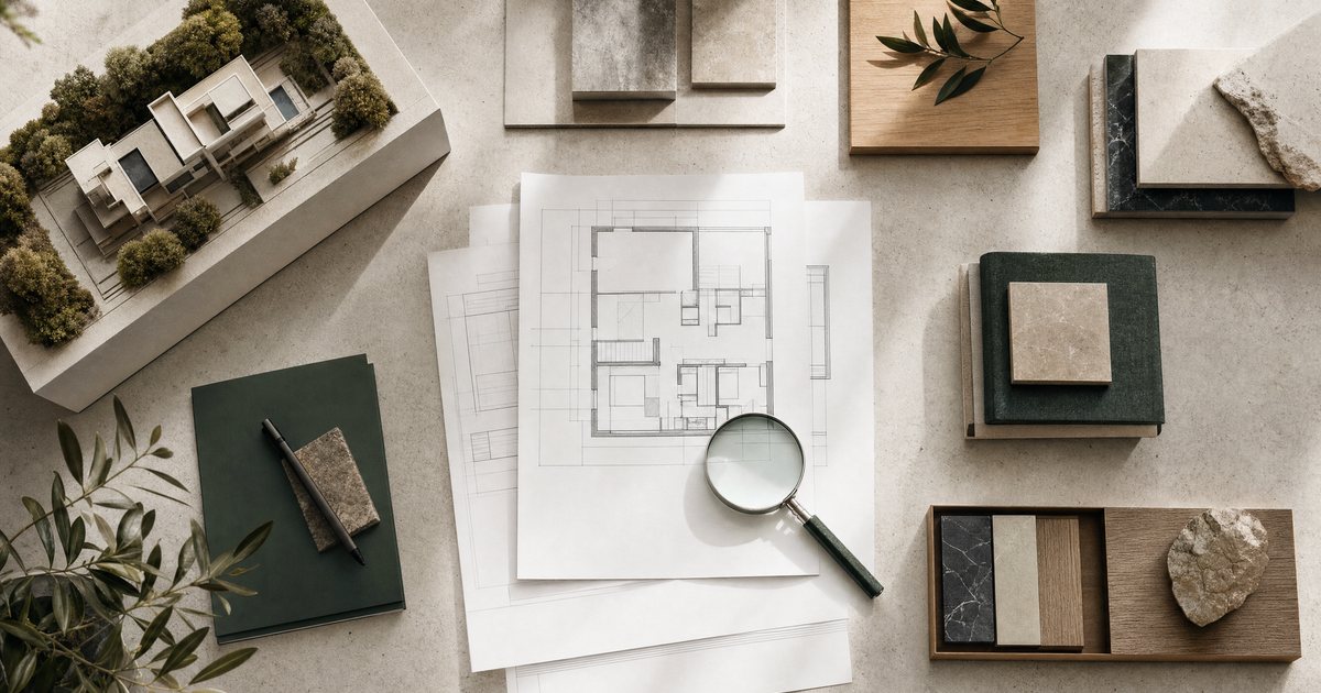 Pracovný stôl architekta zhora: model, plány bez popisov, vzorky materiálov a lupa — ilustrácia k článku o výbere nehnuteľností