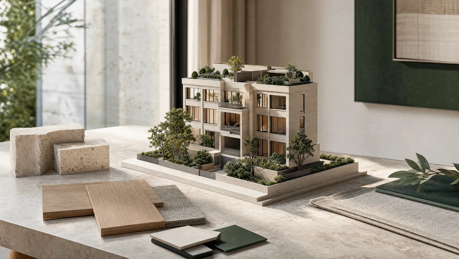 Architektonický model vily na kamennom stole so vzorkami materiálov — ilustrácia k článku o čiastkovom investovaní