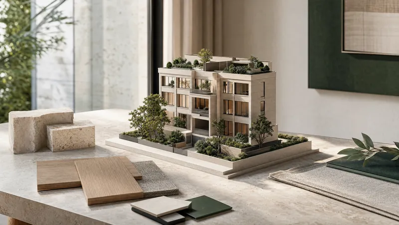 Architektonický model vily na kamennom stole so vzorkami materiálov — ilustrácia k článku o čiastkovom investovaní
