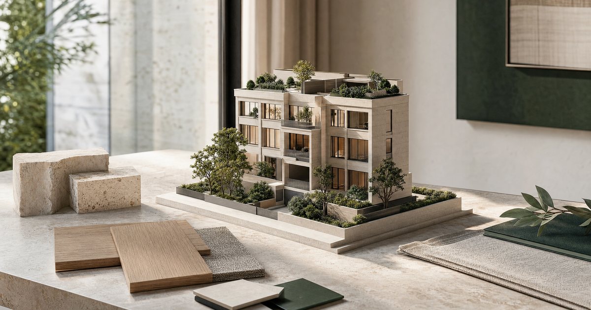 Architektonický model vily na kamennom stole so vzorkami materiálov — ilustrácia k článku o čiastkovom investovaní