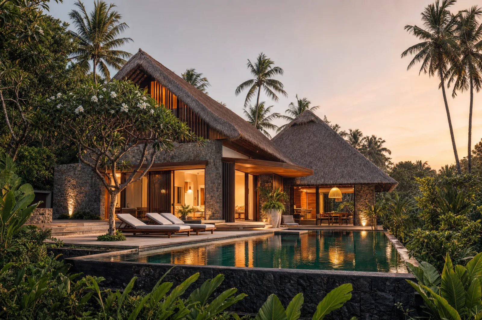 Privátny bazén vily AMANI v lokalita novej vily s tropickou zeleňou — investičná nehnuteľnosť na Bali